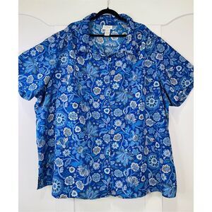 Chelsea Studio‎ Women's 4X Blue Floral Button Down Short Sleeve Top